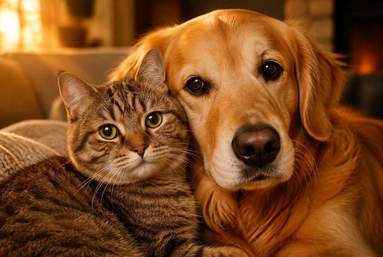 A tabby cat and golden retriever sitting together